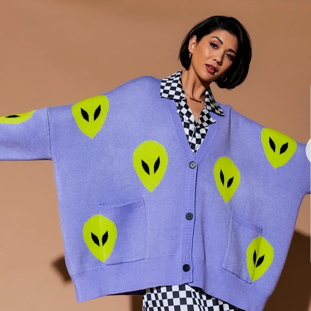 Dressed in LaLa Too Cool For You Oversized Alien Cardigan In Lavender